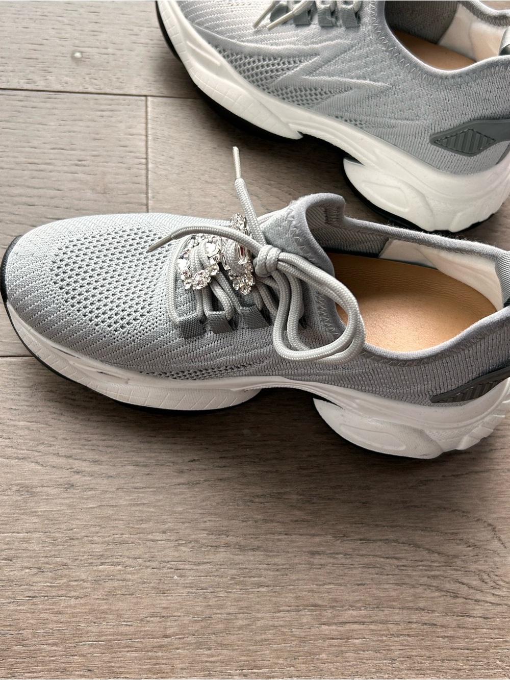 Light Gray Knit Athletic Sneakers with Rhinestone Lace Charm